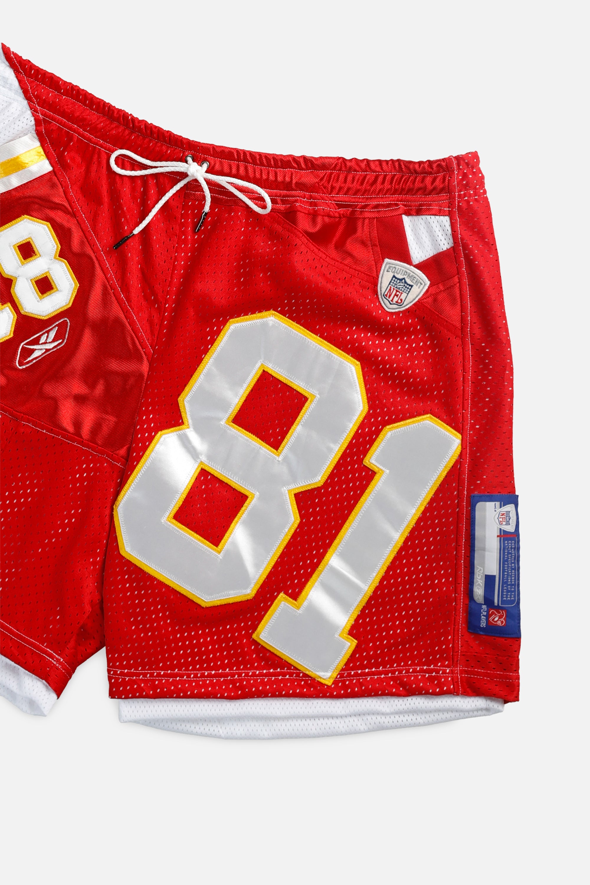 Unisex Rework Kansas City Chiefs NFL Jersey Shorts - XXL-BOTTOMS-NFL-Women's XXL - Men's XL-Frankie Collective Rare Vintage Streetwear Reworks