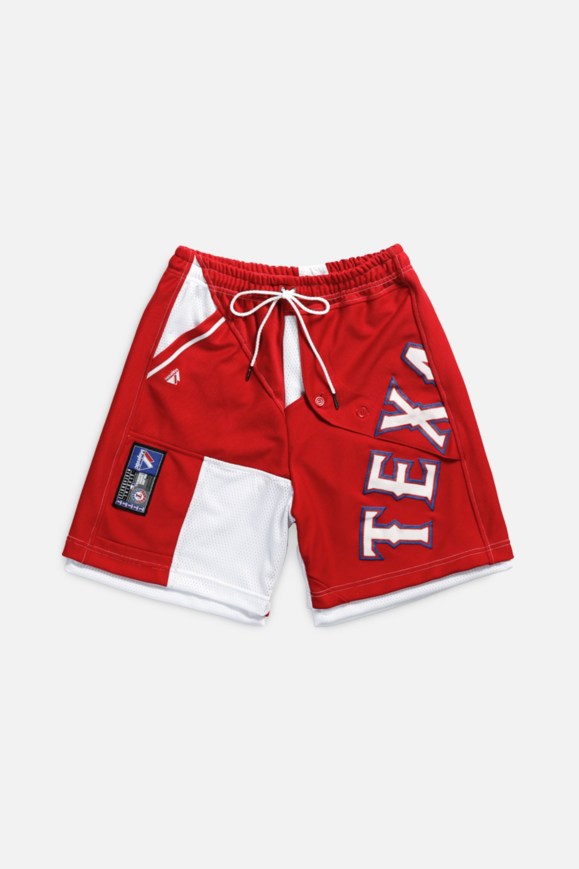 Unisex Rework Texas Rangers MLB Jersey Shorts - XS-BOTTOMS-MLB-XS-Frankie Collective Rare Vintage Streetwear Reworks